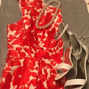 Red and White Floral Print Tea Dress